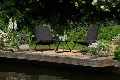 Keter Rio 3 Piece Resin Wicker Patio Furniture Set with Side Table and Outdoor Chairs, Dark Grey