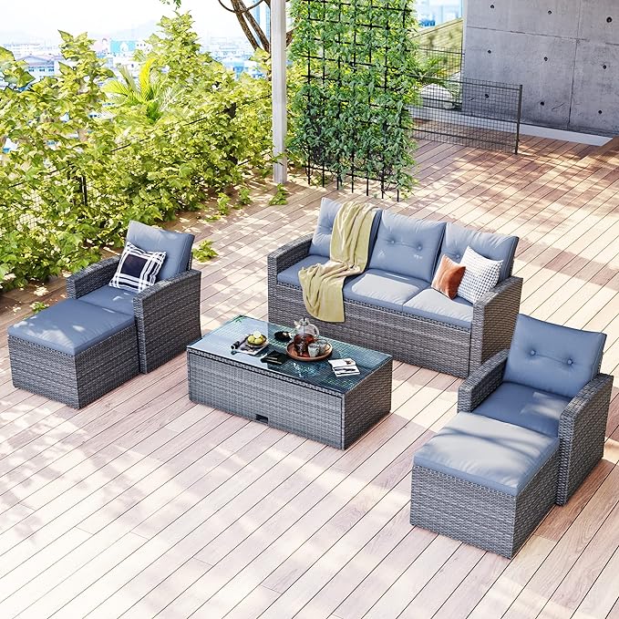 Merax Furniture 6-Piece All-Weather PE Rattan Patio Outdoor Conversation Set with Coffee Table,Wicker Sofas,Ottomans,Removable Cushions,Grey