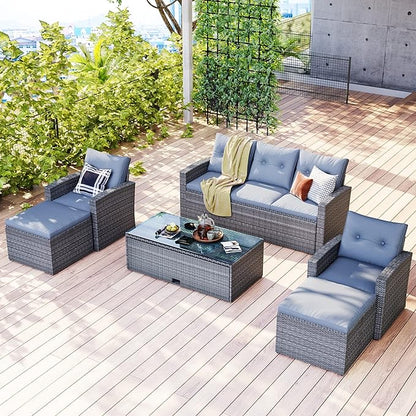 Merax Furniture 6-Piece All-Weather PE Rattan Patio Outdoor Conversation Set with Coffee Table,Wicker Sofas,Ottomans,Removable Cushions,Grey