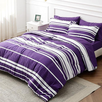 Bedsure Bed in a Bag Queen Size 7-Piece Purple White Striped Bedding Comforter Sets All Season Bed Set, 2 Pillow Shams, Flat Sheet, Fitted Sheet and 2 Pillowcases