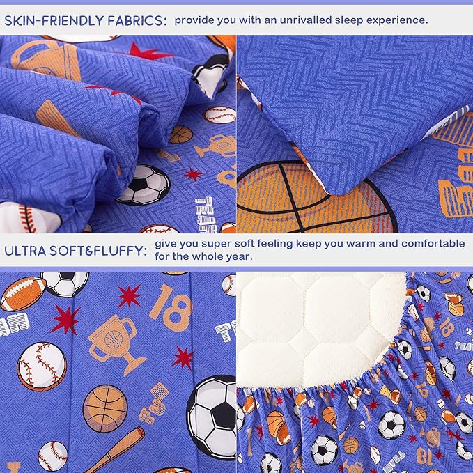 Mooreeke Bed in a Bag for Kids Boys Teens, 8 Pieces Full Size Comforter Bed Set with Shams, Sheet Set and Decorative Toy Pillow, Balls Blue Super Soft Microfiber Kids Comforter Bedding Set