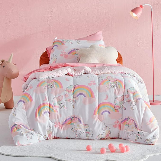 SLEEP ZONE Kids Twin Bedding Comforter Set - Super Cute & Soft Kids Bedding 5 Pieces Set with Comforter, Sheet, Pillowcase & Sham (Pink Unicorn)