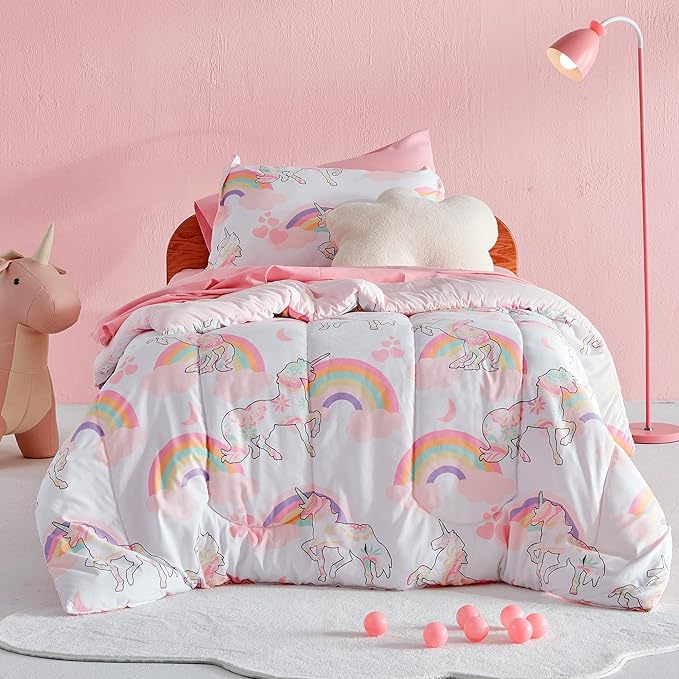 SLEEP ZONE Kids Unicorn Bedding Comforter Set Full/Queen Size - Super Soft & Cute Printed 3-Piece Comforter Set All Seasons for Girls, Fade Resistant, Machine Washable, Pink Unicorn