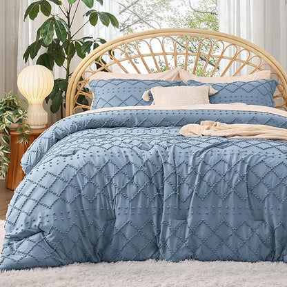 Bedsure Full Size Comforter Set - Grayish Blue Comforter, Boho Tufted Shabby Chic Bedding Comforter Set, 3 Pieces Farmhouse Bed Set for All Seasons, Fluffy Soft Bedding Set with 2 Pillow Shams
