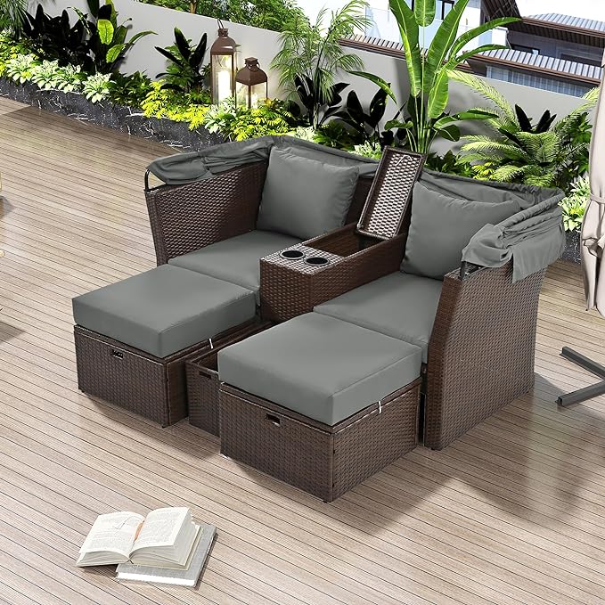 2-Seater Outdoor Patio Convertible Sunbed, All Weather Rattan Double Daybed Couch Foldable Awning, Cushions and Storage Boxes, Loveseat Sofa Set for Garden, Poolside, Balcony, Ab-Aa-Grey