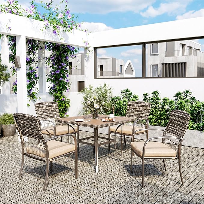 Pamapic Outdoor Piece Patio Dining Set, Weather Resistant PE Rattan Table and Chairs, Comfortable Cushions, Easy Maintenance, 5 PCS, Beige