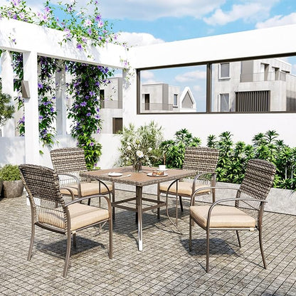 Pamapic Outdoor Piece Patio Dining Set, Weather Resistant PE Rattan Table and Chairs, Comfortable Cushions, Easy Maintenance, 5 PCS, Beige