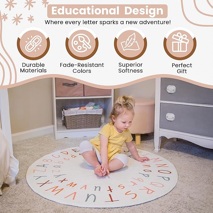 ABC Rug for Kids Room | 40 Inch Round Alphabet Rug with Capital and Lowercase Letters | ABC Boho Classroom Rug for Alphabet Learning