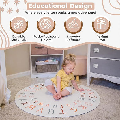 ABC Rug for Kids Room | 40 Inch Round Alphabet Rug with Capital and Lowercase Letters | ABC Boho Classroom Rug for Alphabet Learning