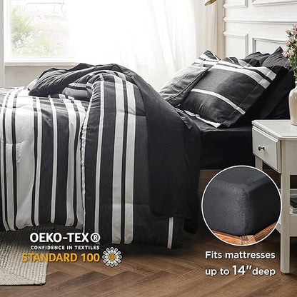 Bedsure Bed in a Bag King Size 7 Pieces, Black White Striped Bedding Comforter Sets All Season Bed Set, 2 Pillow Shams, Flat Sheet, Fitted Sheet and 2 Pillowcases