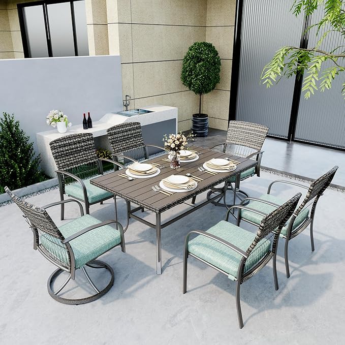 Pamapic 7 Piece Patio Dining Set for 6,Wicker Outdoor Furniture Set for Backyard Garden Deck Poolside with Iron Slats Table Top,4 Dining Chairs and 2 Swivel Rockers,Removable Cushions(Green)
