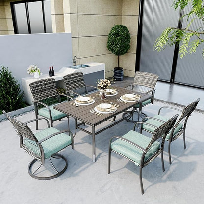 Pamapic 7 Piece Patio Dining Set for 6,Wicker Outdoor Furniture Set for Backyard Garden Deck Poolside with Iron Slats Table Top,4 Dining Chairs and 2 Swivel Rockers,Removable Cushions(Green)