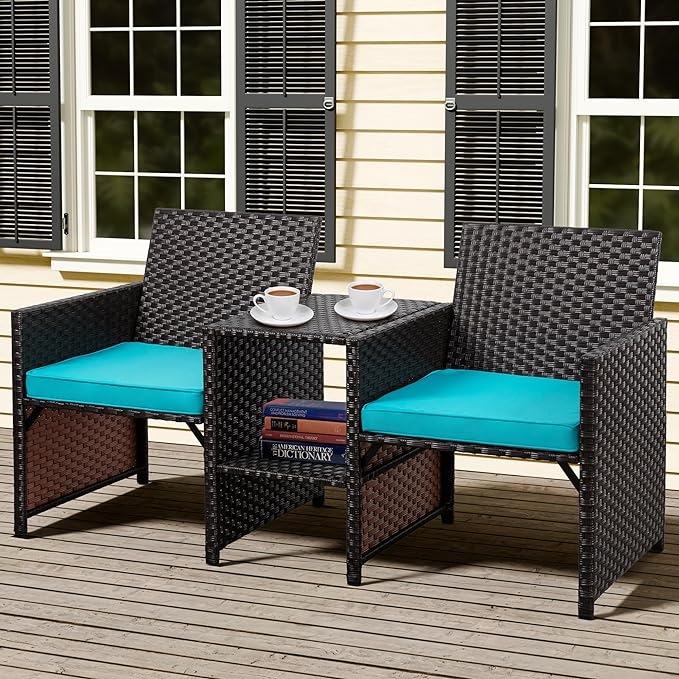 Shintenchi Wicker Patio Conversation Furniture Set with Detachable Chairs & Table and Two Removable Cushions,Rattan Wicker Lover Chair for Patio,Garden, Courtyard and Lawn Backyard (Blue)