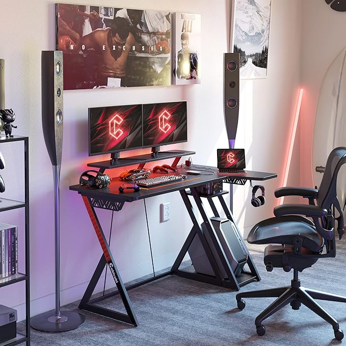 CubiCubi Aurora Gaming Desk with LED Lights & Power Outlets, 40 Inch L Shaped Carbon Fiber Surface Desk with Storage Shelves, Small Corner Computer Desk with Monitor Shelf, Gamer Desk PC Table, Black