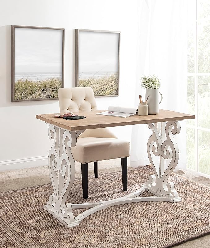 Kate and Laurel Wyldwood Farmhouse Wooden Desk, 46 x 24 x 30, Brown and White, Rustic Carved Wood Computer Desk for Functional and Stylish Home Office Decor