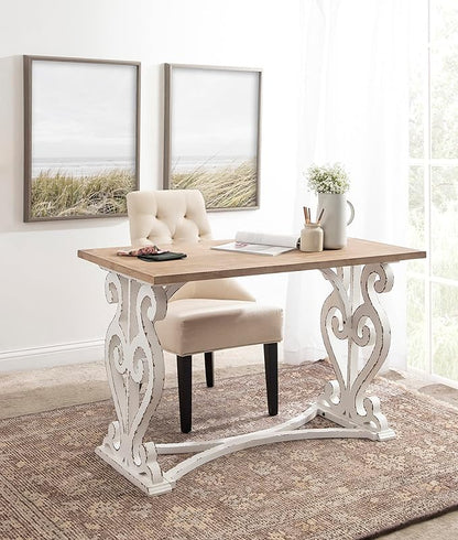 Kate and Laurel Wyldwood Farmhouse Wooden Desk, 46 x 24 x 30, Brown and White, Rustic Carved Wood Computer Desk for Functional and Stylish Home Office Decor