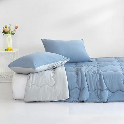 COTTEBED Reversible Blue and Light Gray Bed Comforter Queen Sets, Jersey Knit T-Shirt Feel Ultra-Soft Lightweight Breathable Cozy Bedding Down Quilt Blanket & 2 Pillowsham All Season Use (Full/Queen)