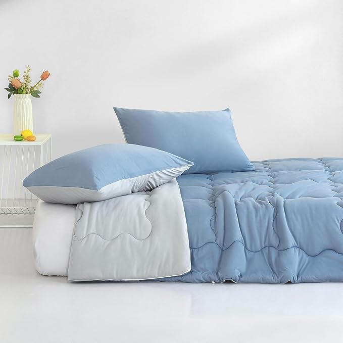 COTTEBED Blue and Grey KING Sized Bed Down Comforters Set, Jersey Knit Milk Cup Dual-Sided Reversible Softness Breathable Lightweight California King Bedding Alternative Quilt & Pillowsham All Seasons