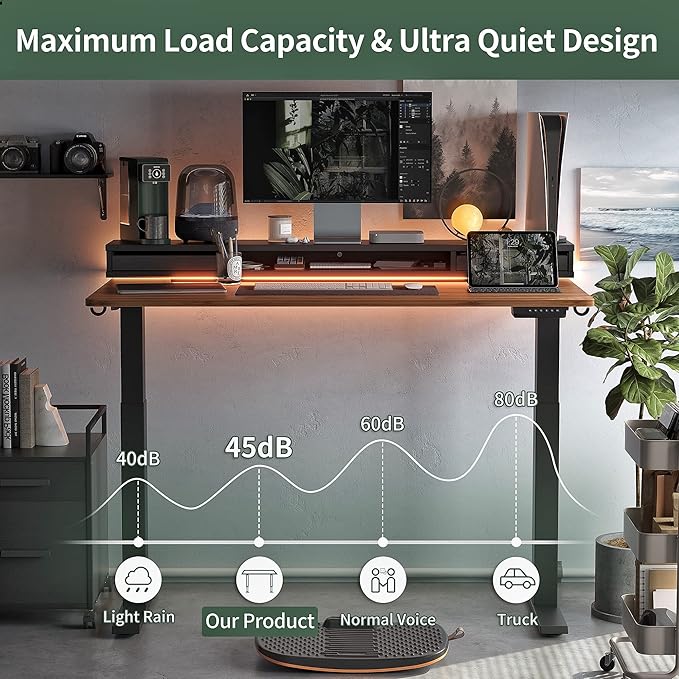 FEZIBO 55 x 24 Inch Height Adjustable Electric Standing Desk with Double Drawers, Stand Up Desk with LED Strips, Sit Stand Desk with Monitor Stand, Blcak Walnut
