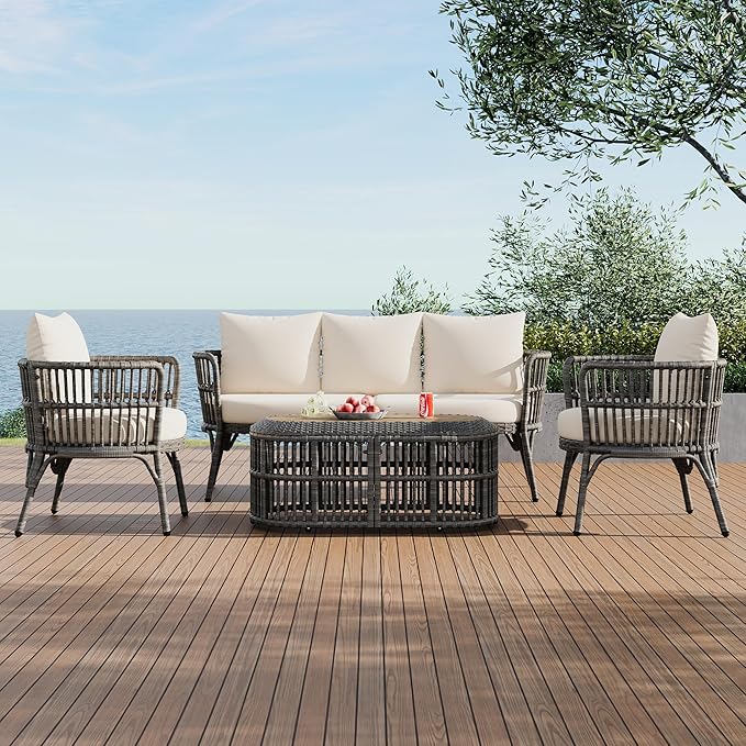 Furniture 4-Piece Outdoor Patio Conversation Seating for 5 Person and Coffee Table, Rattan Chair Wicker Sofa Bistro Sets for Porch, Backyard and Garden, Grey
