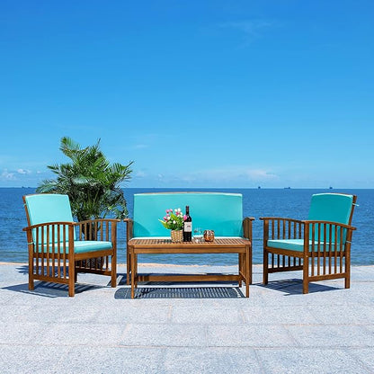 SAFAVIEH Outdoor Collection Rocklin Natural/ Aqua Cushion 4-Piece Conversation Patio Set