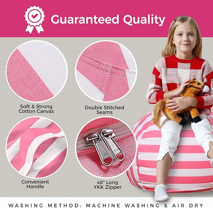 Aubliss Stuffed Animal Bean Bag Storage Chair, Beanbag Covers Only for Organizing Plush Toys, Turns into Bean Bag Seat for Kids When Filled, Medium 32"-Canvas Stripes Pink/White