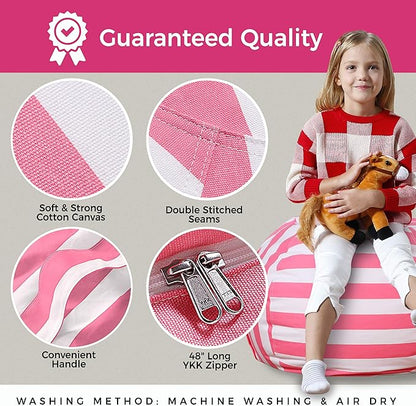 Aubliss Stuffed Animal Bean Bag Storage Chair, Beanbag Covers Only for Organizing Plush Toys, Turns into Bean Bag Seat for Kids When Filled, Medium 32"-Canvas Stripes Pink/White