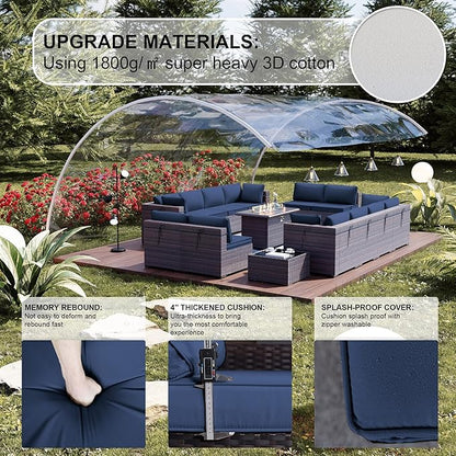 Kullavik 15PCS Outdoor Patio Furniture Set with 43" 55000BTU Gas Propane Fire Pit Table PE Wicker Rattan Sectional Sofa Patio Conversation Sets,Dark Blue