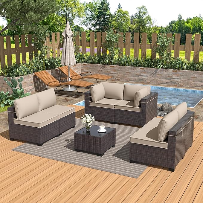 Patio Furniture Set 7-Pieces Outdoor Furniture for Backyard Wicker Sectional Sofa Set, Rattan Patio Conversation Set with Thickened Cushions and Glass Coffee Table, Sand
