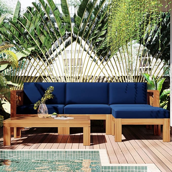 5-Piece Outdoor Patio Furniture Sectional Sets, Wooden L-shaped Corner Sofa Seating with Tea Table and Removable, Backyard Gardern Deck, Natural Finish+ Blue Cushions