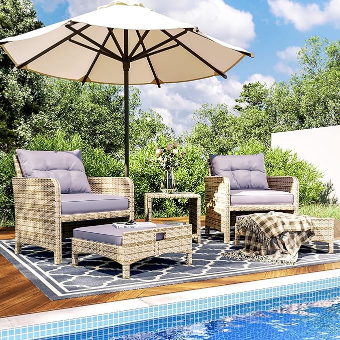 Pamapic 5 Pieces Outdoor Patio Wicker Chairs Set with Ottoman .Outside Conversation Furniture Set with Cushions and Coffee for Balcony Porch Lawn Garden Table (Purple Cushion + Grey Rattan)