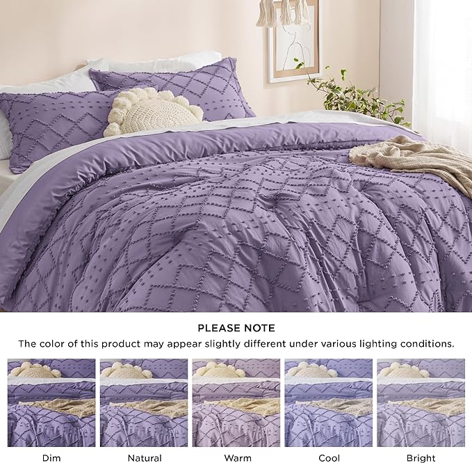 Bedsure Full Size Comforter Set - Grayish Purple Comforter, Boho Tufted Shabby Chic Bedding Comforter Set, 3 Pieces Farmhouse Bed Set for All Seasons, Fluffy Soft Bedding Set with 2 Pillow Shams