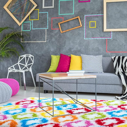 Tepook Fluffy Colorful Rug for Kids, Shaggy Soft Rainbow Area Rugs for Girls Bedroom, Indoor Modern Geometric Moroccan Rugs Plush Girls Kids Rug for Playroom Teens Room Nursery Home Decor, 3 X 5 ft