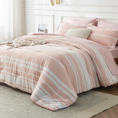 Bedsure Light Pink Comforter Set Queen 7 Pieces, Light Pink White Striped Bedding Sets All Season Bed in a Bag, 2 Pillow Shams, Flat Sheet, Fitted Sheet and 2 Pillowcases