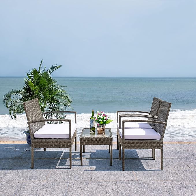 SAFAVIEH Outdoor Collection Bassey Grey Brown/White Cushion 4-Piece Conversation Patio Set PAT7507C