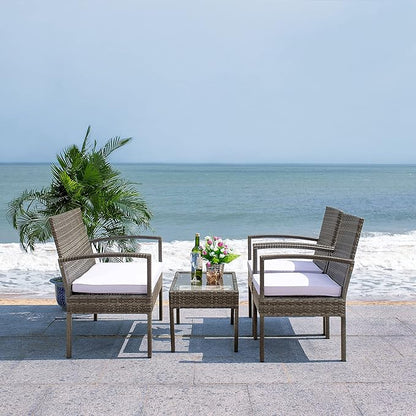 SAFAVIEH Outdoor Collection Bassey Grey Brown/White Cushion 4-Piece Conversation Patio Set PAT7507C