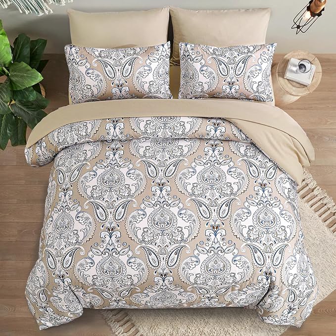 Yiran 7 Pieces Paisley Bedding Set Comforter Set Brown Boho Floral Bed in a Bag Microfiber Comforter Queen Size 90"×90"(1 Comforter,2 Pillowcases,2 Pillow Shams,1 Flat Sheet,1 Fitted Sheet)