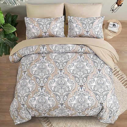Yiran 7 Pieces Paisley Bedding Set Comforter Set Brown Boho Floral Bed in a Bag Microfiber Comforter Queen Size 90"×90"(1 Comforter,2 Pillowcases,2 Pillow Shams,1 Flat Sheet,1 Fitted Sheet)