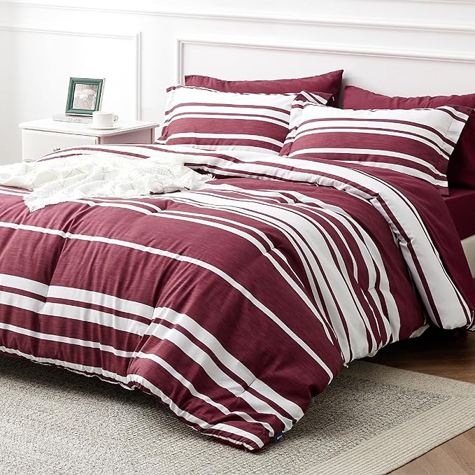 Bedsure Bed in a Bag Twin Size 5-Piece Burgundy White Striped Bedding Comforter Sets All Season Bed Set with 1 Pillow Sham, Flat Sheet, Fitted Sheet and 1 Pillowcase
