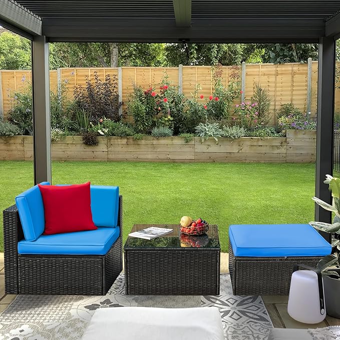 Greesum 3 Piece Patio Conversation Set Wicker Rattan Furniture Outdoor Sofa with Cushions,Pillows and Glass Table for Porch,Lawn and Yard, Blue