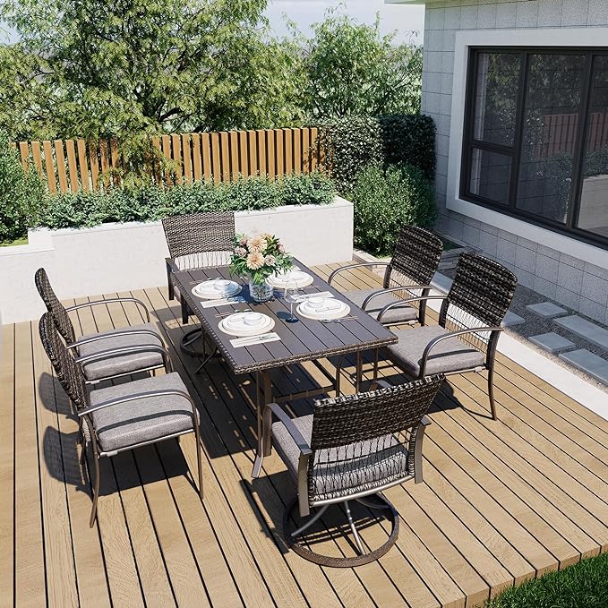Pamapic 7 Piece Outdoor Dining Set, Rattan Outdoor Patio Furniture Set for Backyard with Iron Outdoor Dining Table, 4 Swivel Deck Chairs, 2 Wicker Chairs and Removable Cushions (Gray)