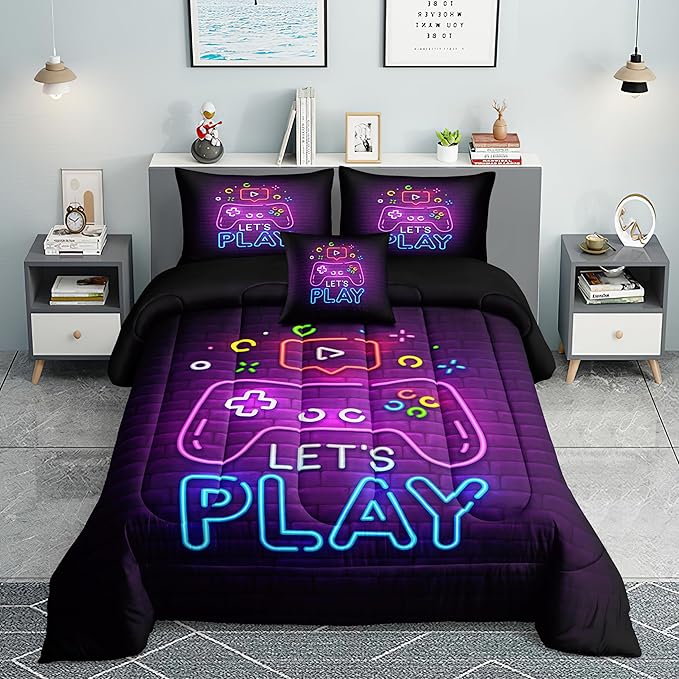 6 PCS Gamer Queen Comforter Sets,Queen Bedding Sets for Boys,Gaming Comforter Set,Queen Size Bedding Sets for Boys,Bed in A Bag with Sheets(Queen,Pink Color)