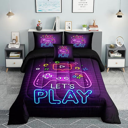 6 PCS Gamer Bedding Sets,Gaming Comforter Set for Boys,Kids Bedding Sets for Boys,Full Size Bedding Sets for Boys,Bed in A Bag with Sheets(Full,Pink Color)