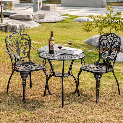 Outdoor Bistro Table and Chairs Set of 2 Cast Aluminum Patio Bistro Set with Umbrella Hole, All Weather Bistro Table Set for Garden, Bronze
