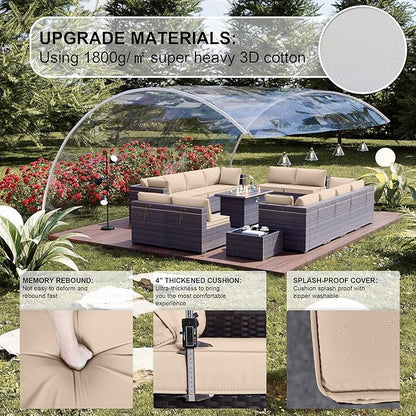 Kullavik 15 Pieces Outdoor Patio Furniture Set with 43" 55000BTU Gas Propane Fire Pit Table PE Wicker Rattan Sectional Sofa Patio Conversation Sets,Khaki