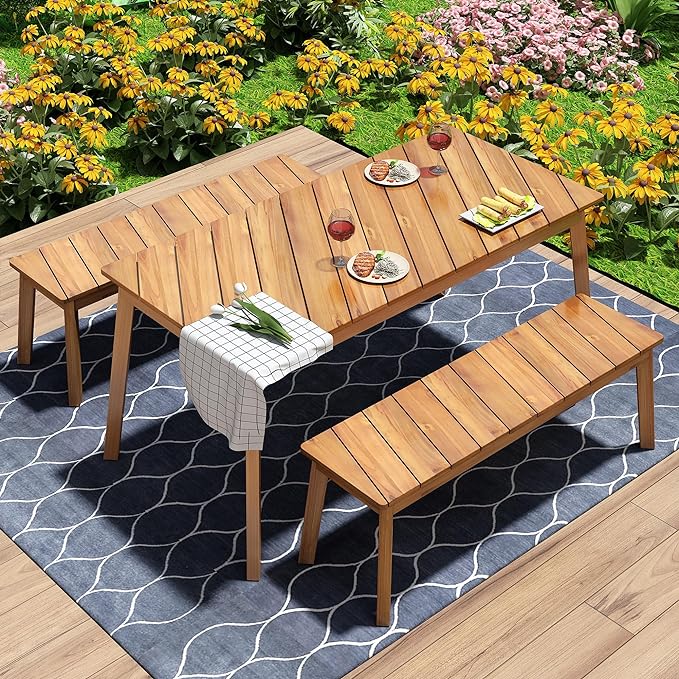 3-Pieces Patio Dining Set with Acacia Wood Tabletop and 2 Benches, Outdoor & Indoor Table and Chairs Furniture for Picnic Barbecue, Porch, Garden, Poolside, Onesize, Natural