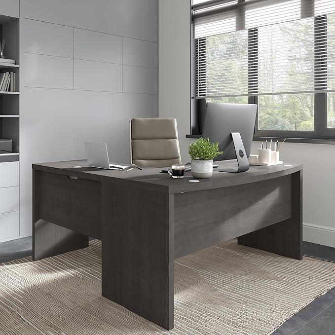Bush Business Furniture Echo L Shape Desk with Wire Management | Corner Bow Front Table for Home Office with Quick-to-Assemble Hardware, 60W, Charcoal Maple