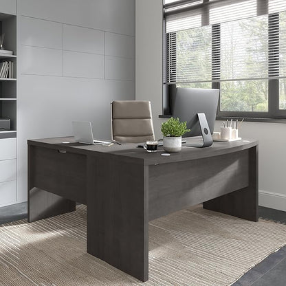 Bush Business Furniture Echo L Shape Desk with Wire Management | Corner Bow Front Table for Home Office with Quick-to-Assemble Hardware, 60W, Charcoal Maple
