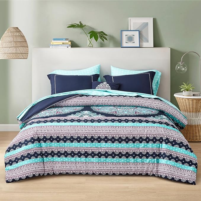 Degrees of Comfort Blue Twin XL Complete Comforter Sets, Boho Mandala Bed in A Bag,Microfiber Bedding Set with Side Pockets, Matching Decorative Pillow, 6 Piece Navy
