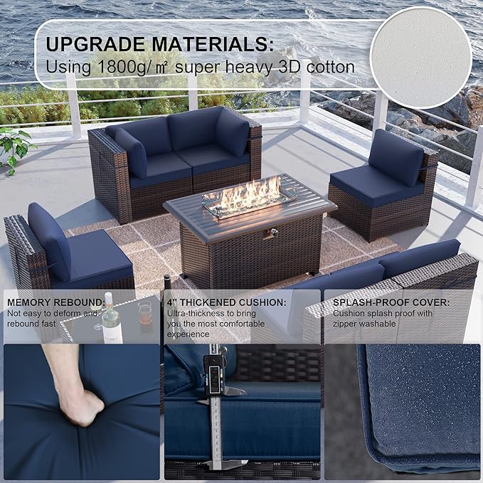 Kullavik 8 Pieces Outdoor Patio Furniture Set with 43" 55000BTU Gas Propane Fire Pit Table PE Wicker Rattan Sectional Sofa Patio Conversation Sets,Dark Blue